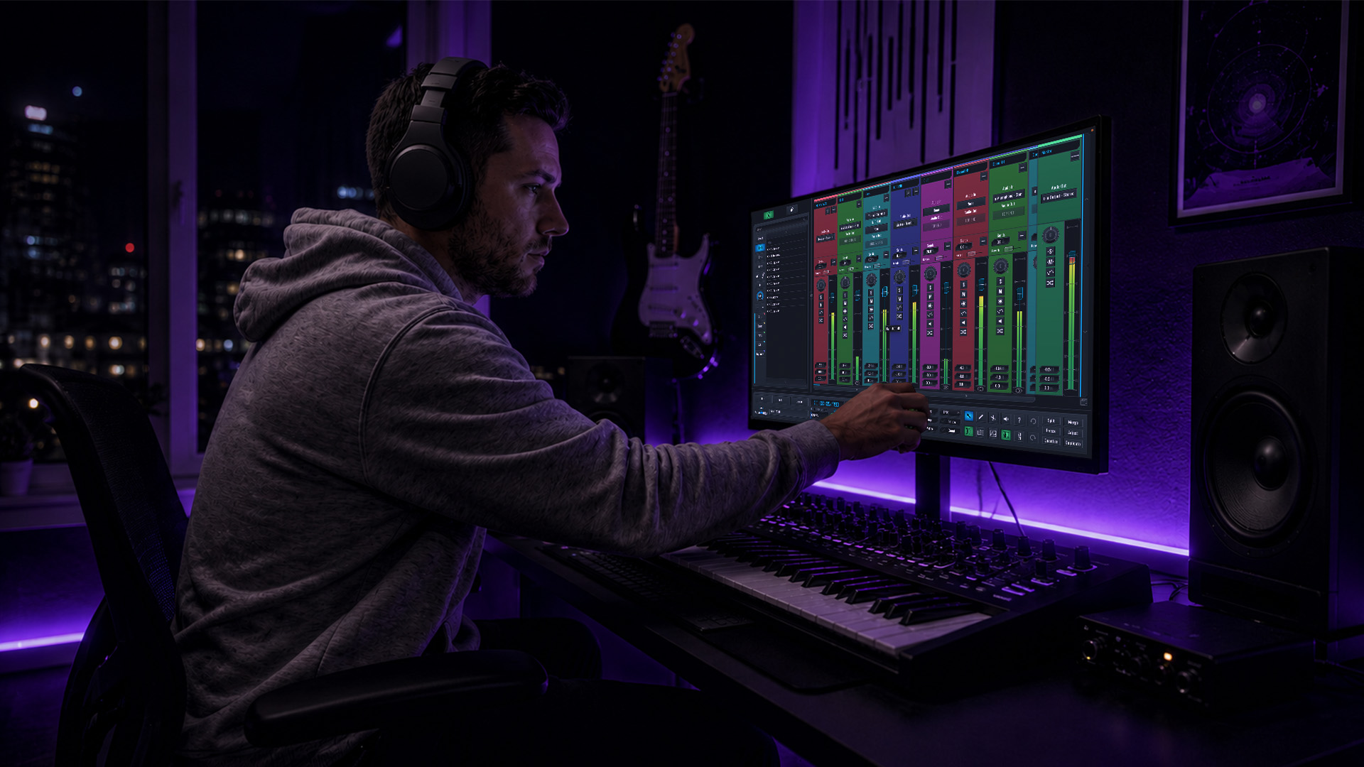 A producer mixing audio in a home studio workspace