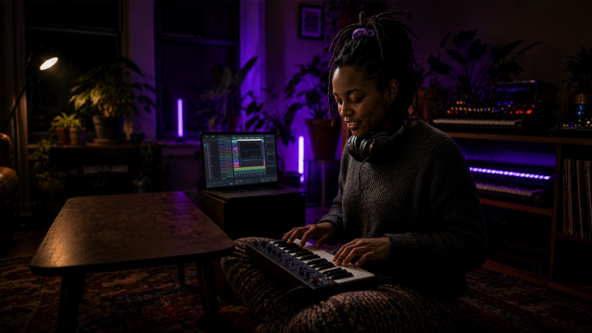 A young woman producing beats in a home studio