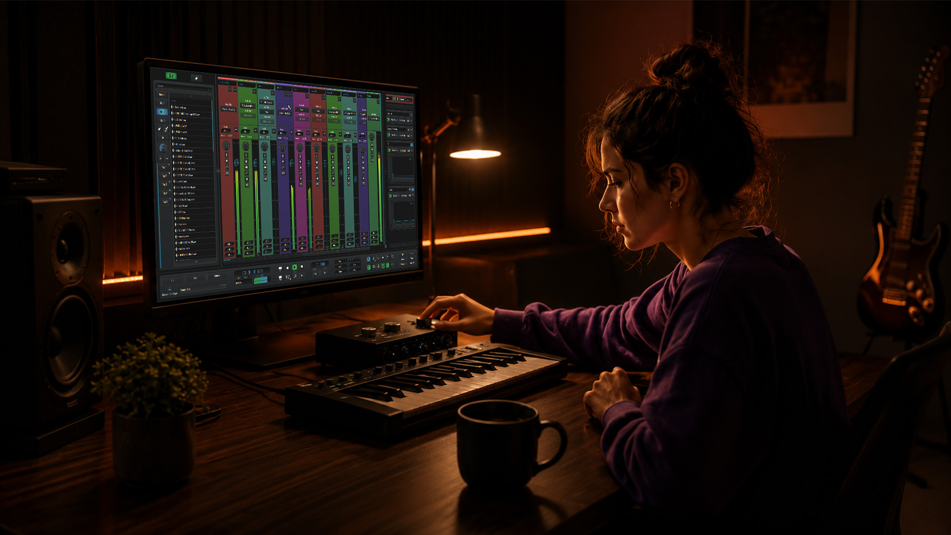 A beginner music producer adjusting an audio interface in a home studio
