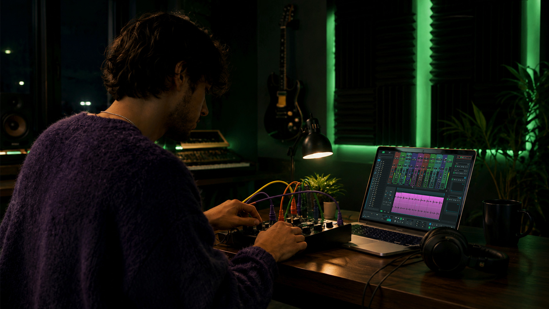Man adjusting an audio interface and a DAW setup