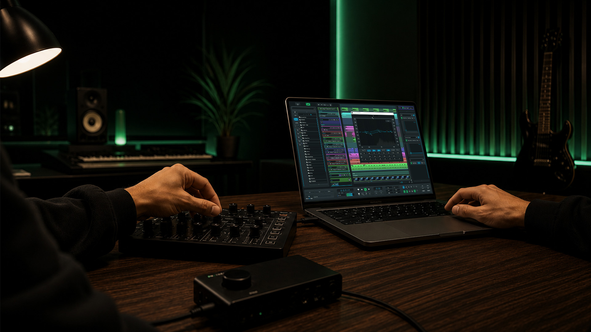 Hands adjusting DAW controls in a studio