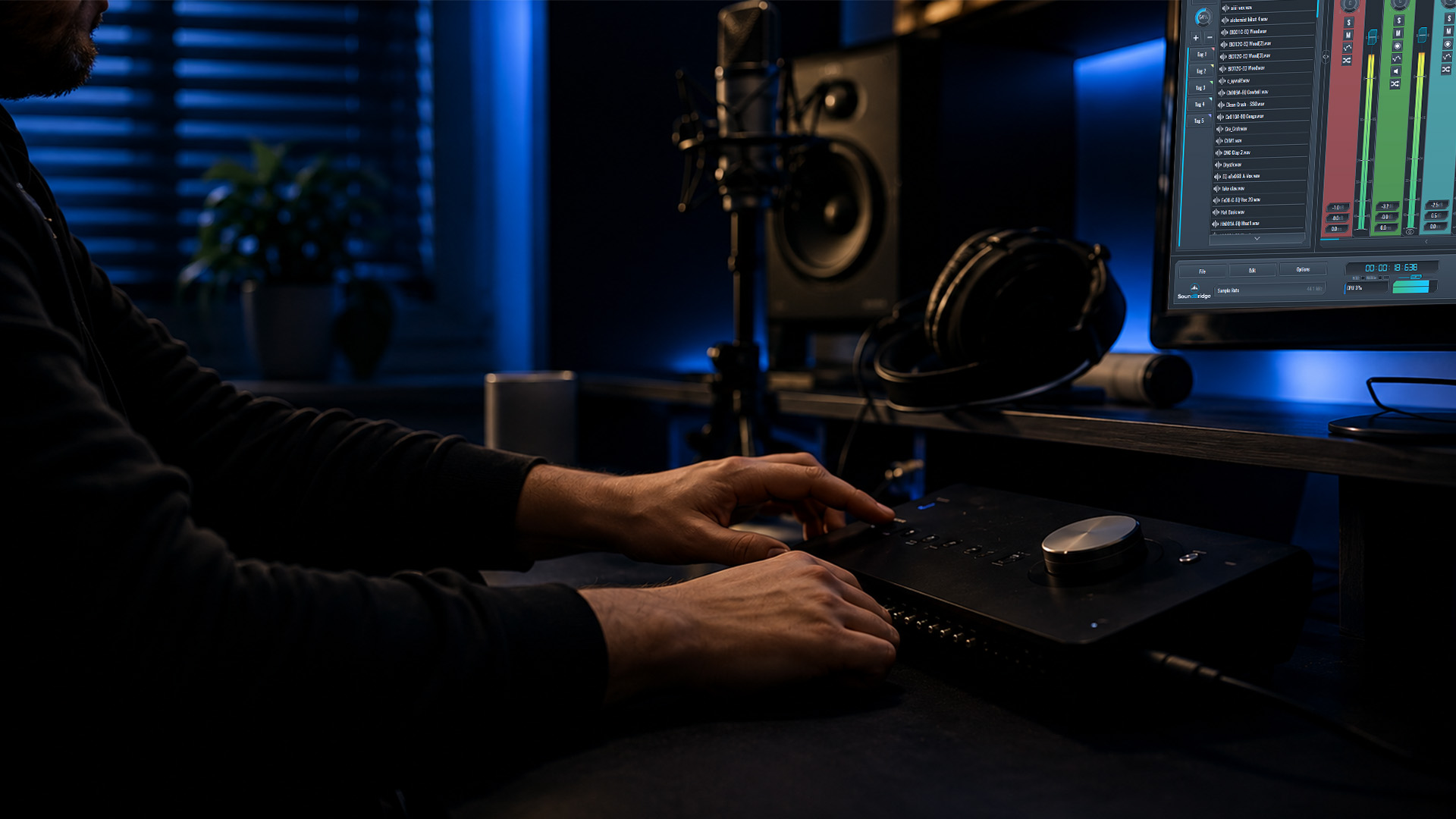 Hands triggering an audio export in a music studio