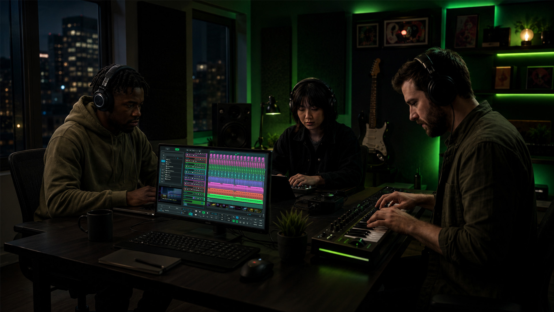 Musicians collaborating on a computer in home studio