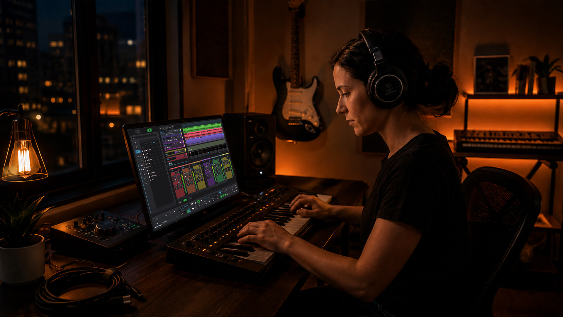 A woman editing music tracks at a home desk