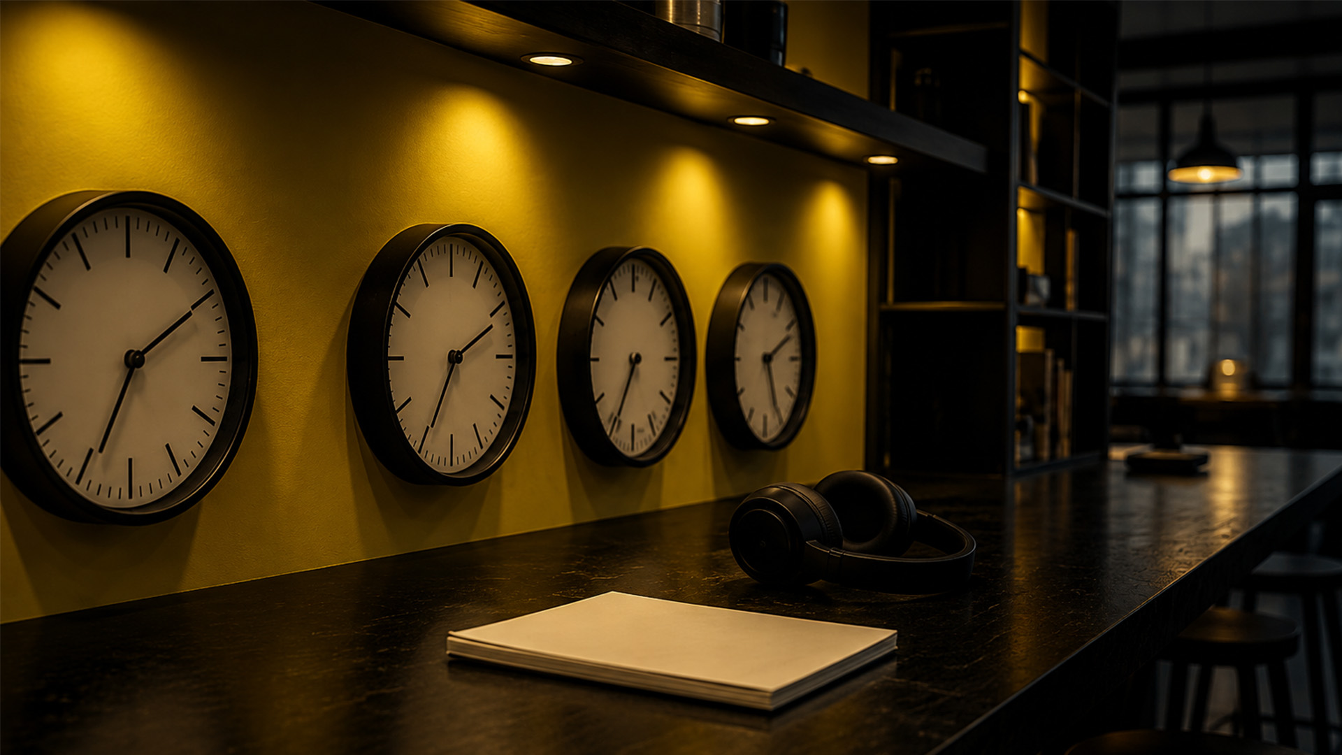 World clocks showing different time zones on a desk