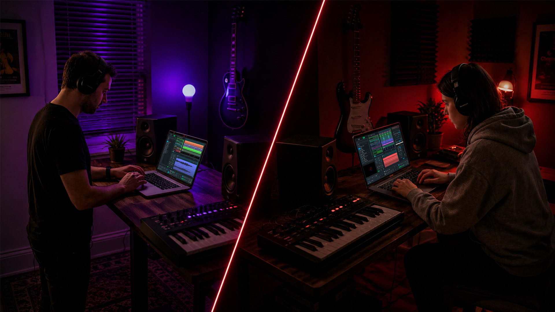 Remote producers editing music in separate home studios
