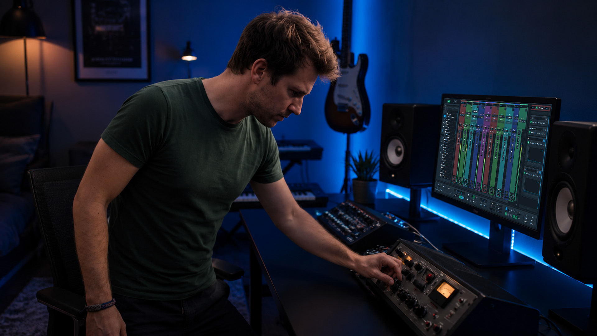 A music producer adjusting a hardware compressor in a studio