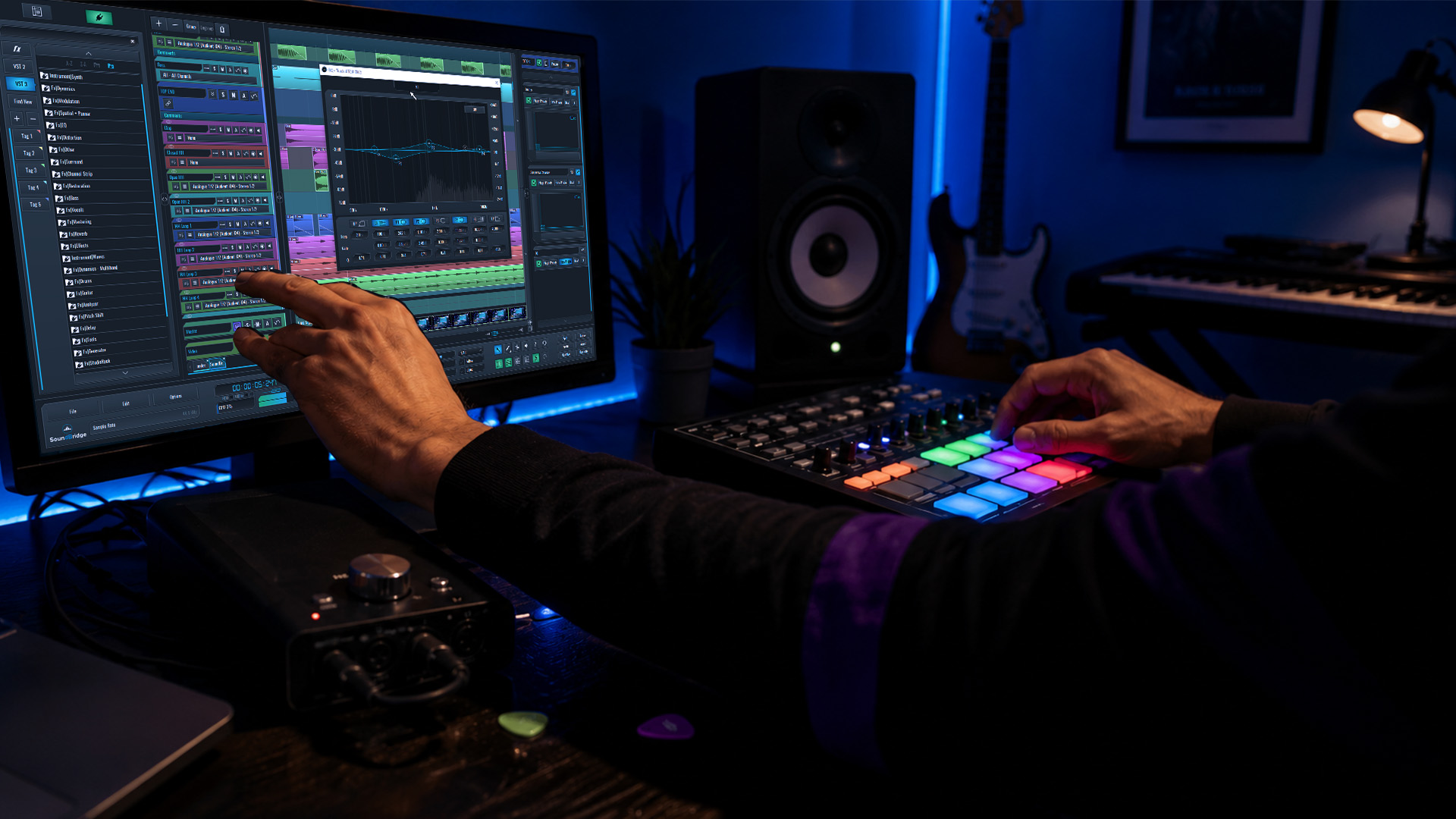 Close-up hands adjusting a plugin