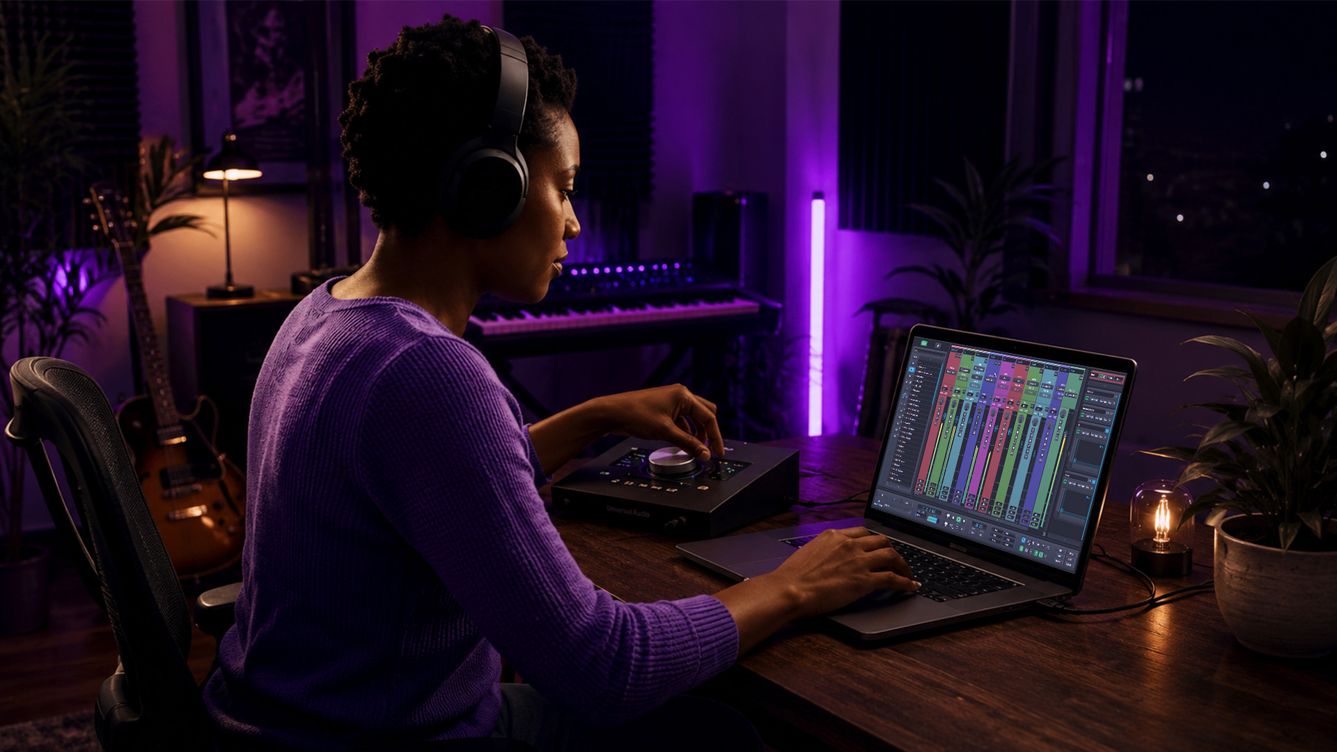 An audio producer adjusting equipments in a home studio
