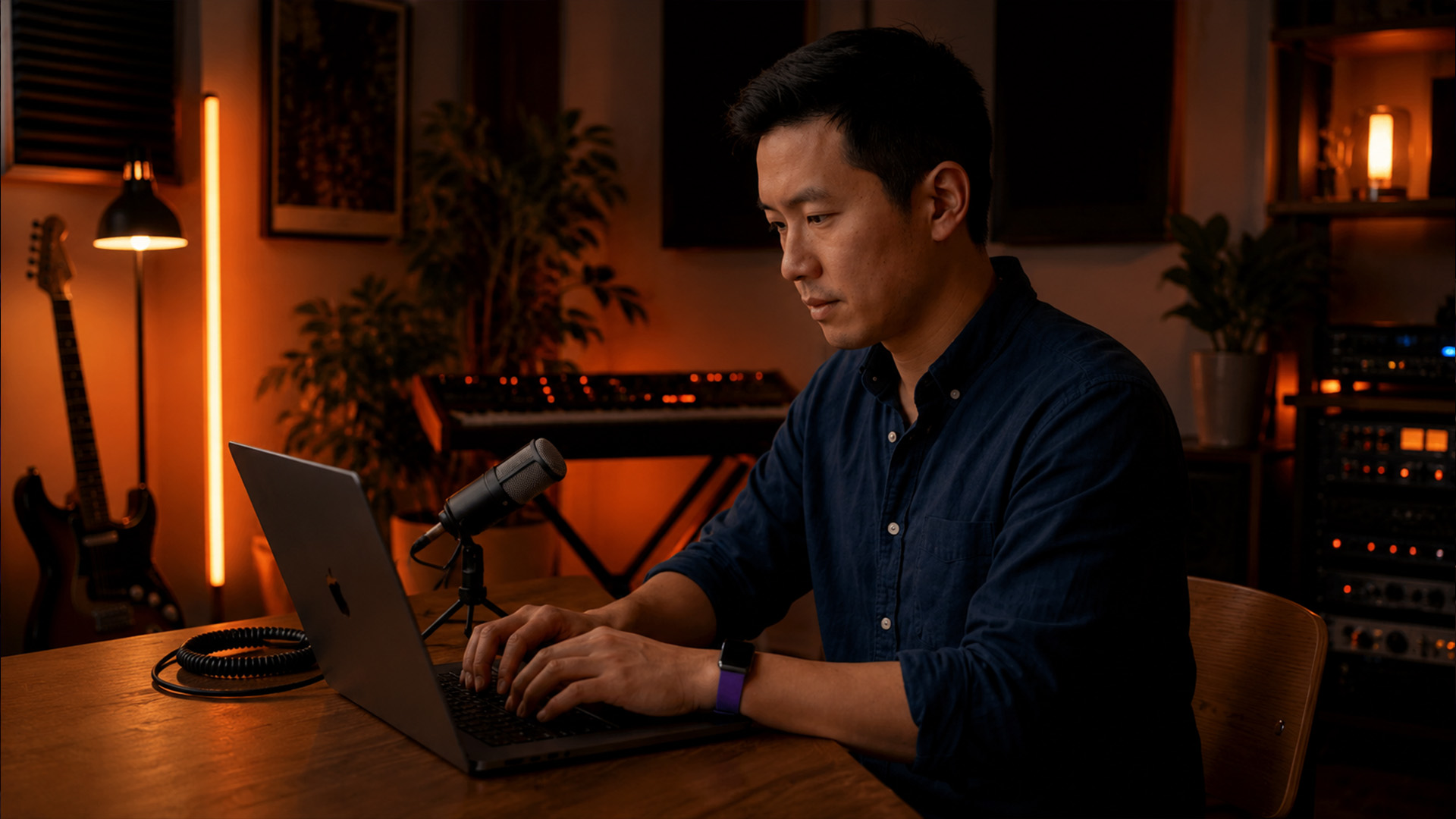 Hands typing on a keyboard in studio