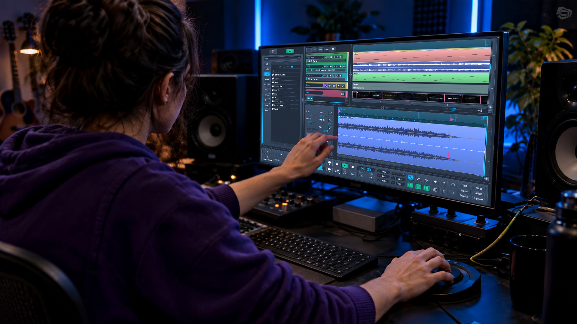 An editor working on overlapping audio clips