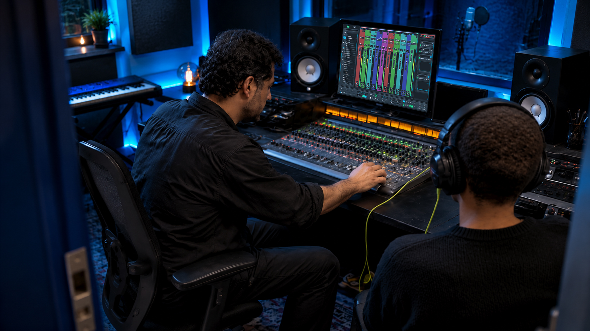 A producer testing a vocalist’s independent headphone mix