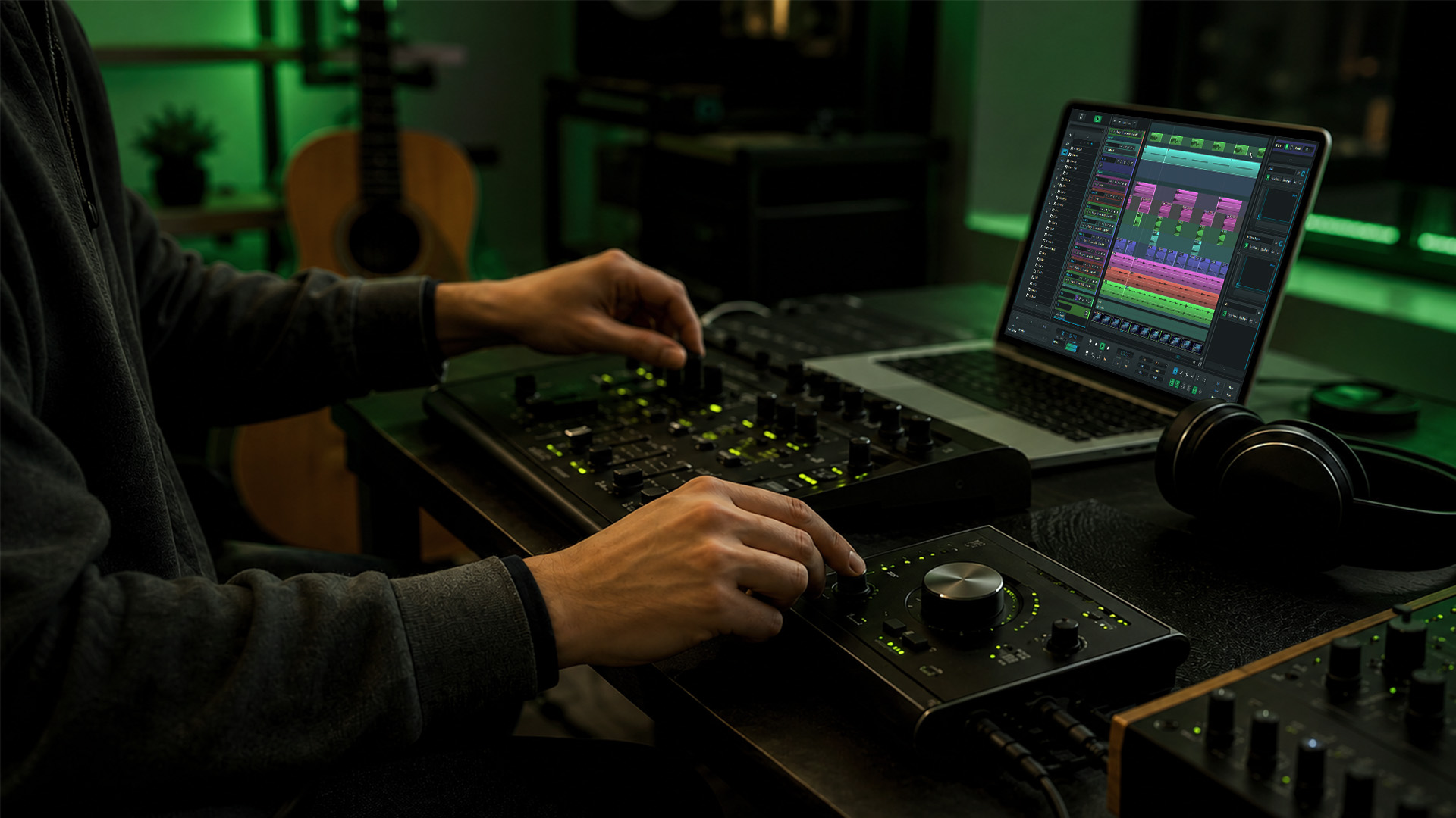 A producer's hands arranging DAW equipment