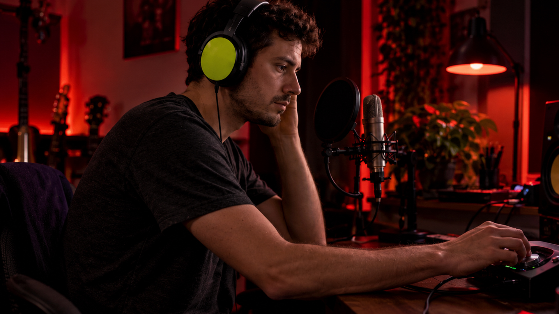 A vocalist adjusting the direct monitoring knob in a home studio