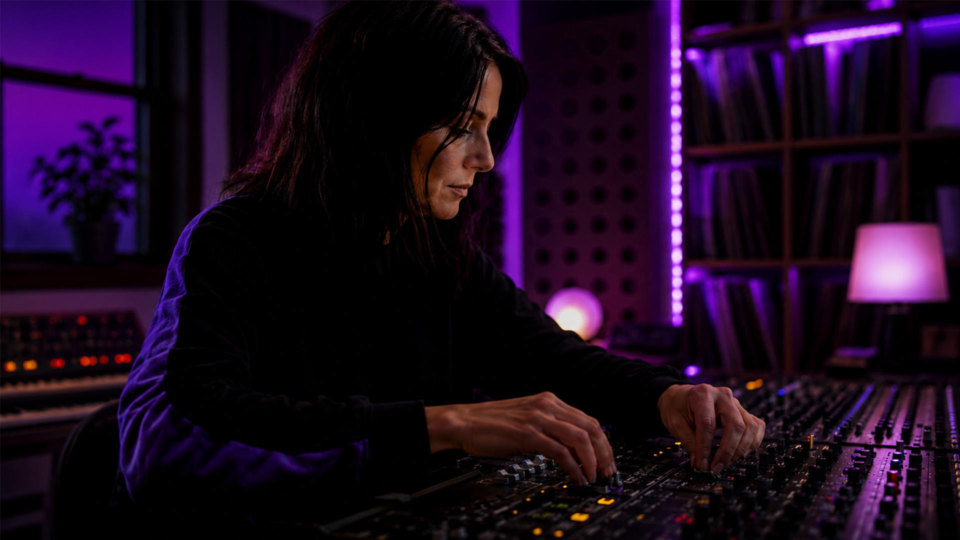 Hands adjusting an audio mixer's faders in a studio