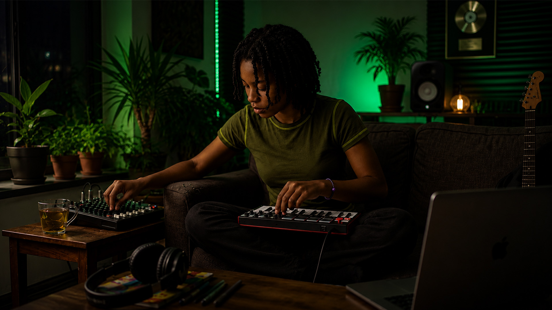 A producer programming drums on a MIDI controller in a home studio