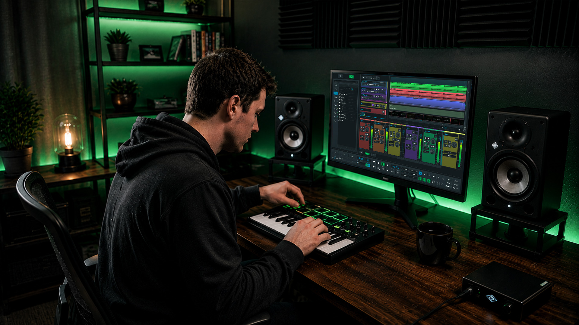 Music producer working at home studio desk