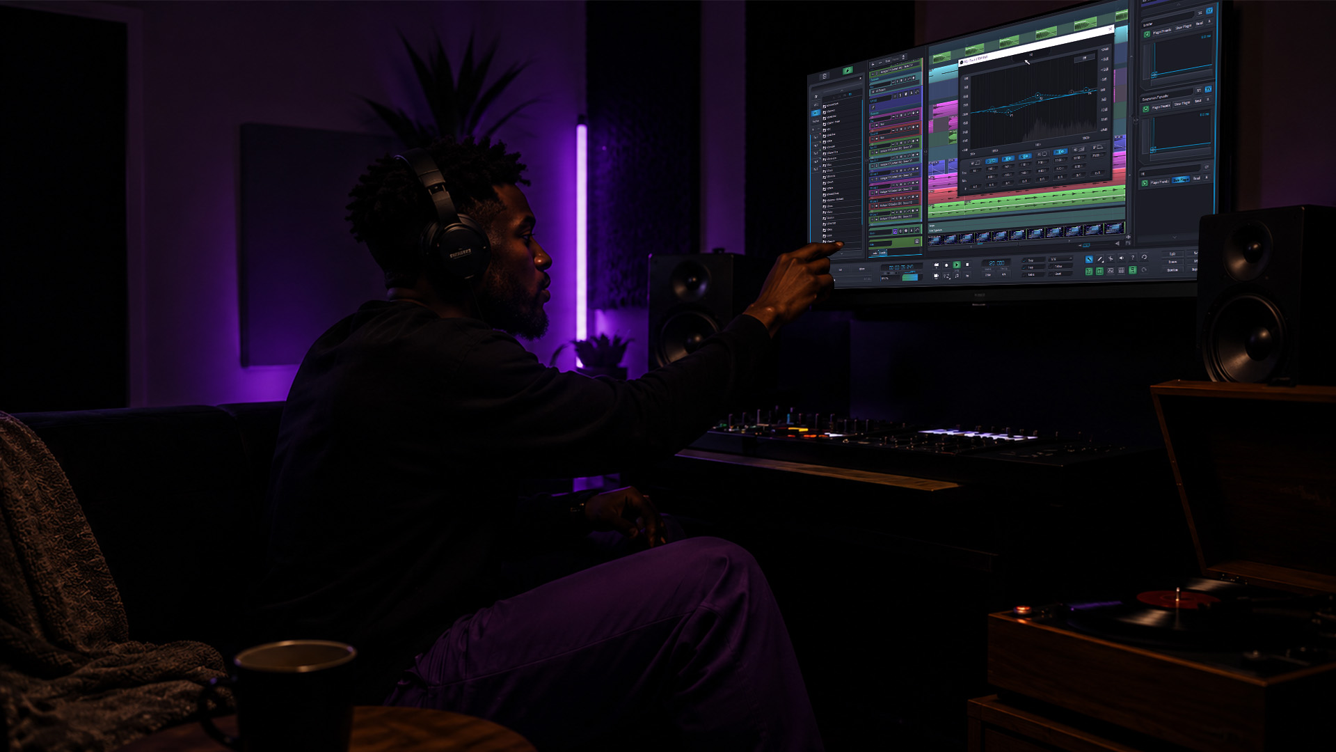 A music producer adjusting EQ controls at a home studio