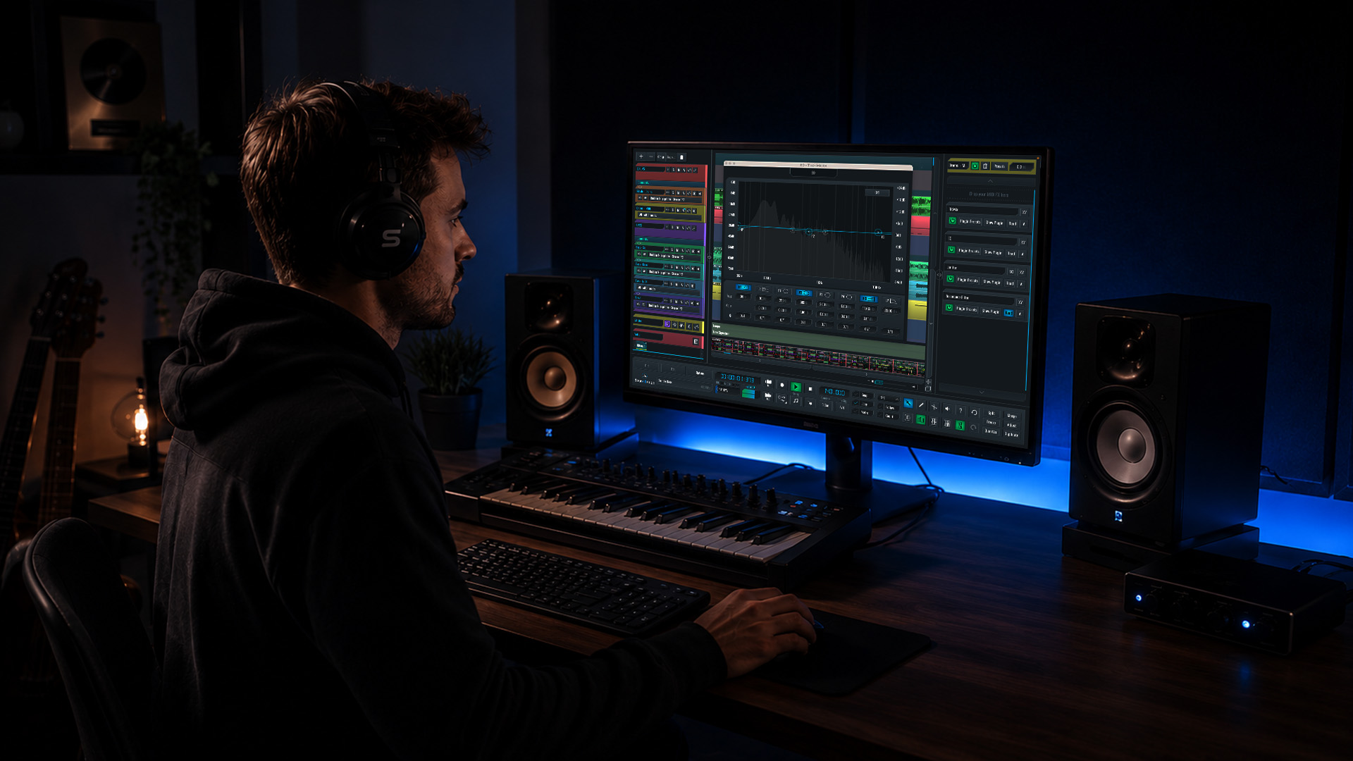 A producer editing tracks in home studio