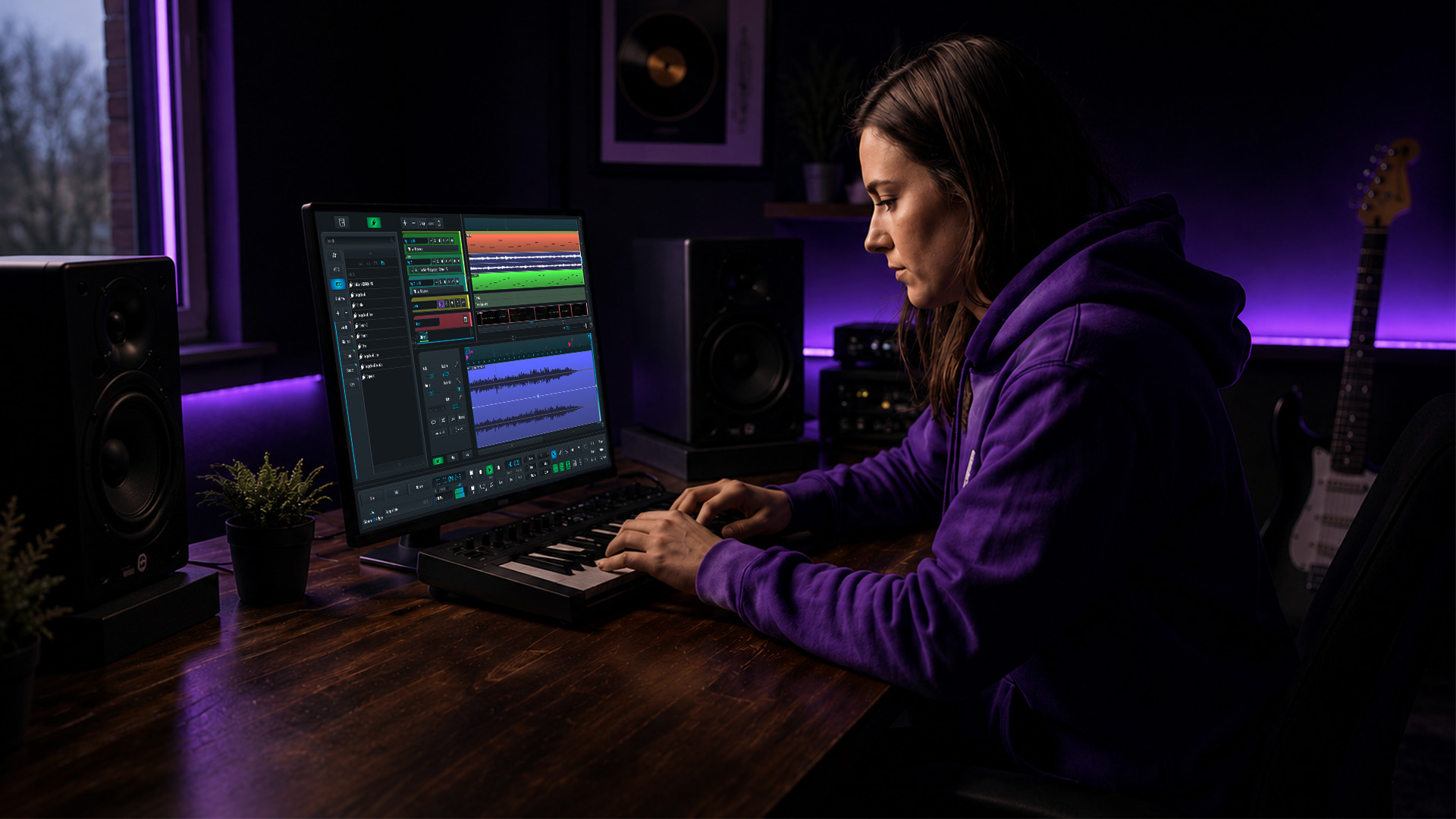 An engineer trimming audio track in studio