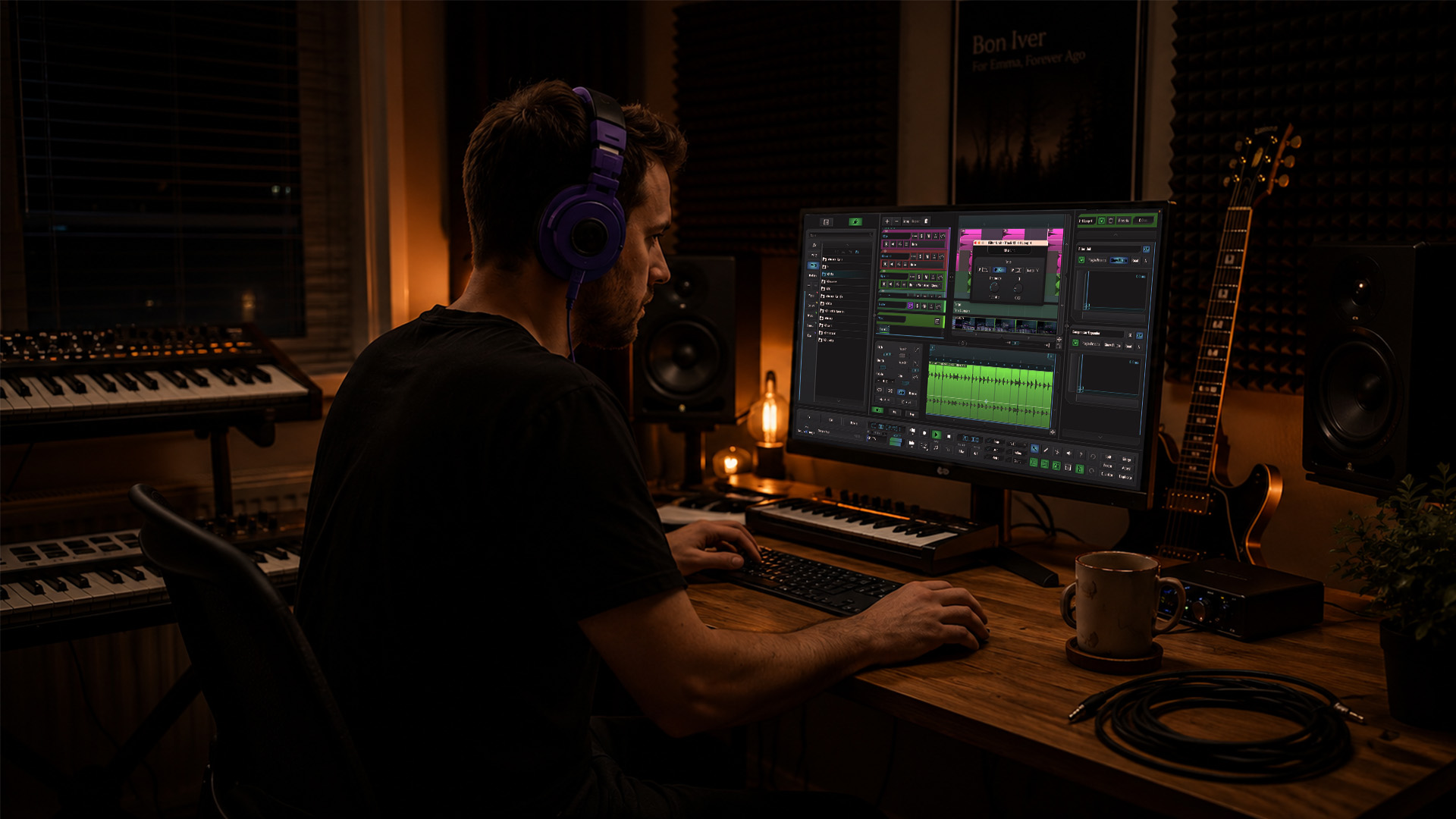 Music producer adjusting EQ in home studio