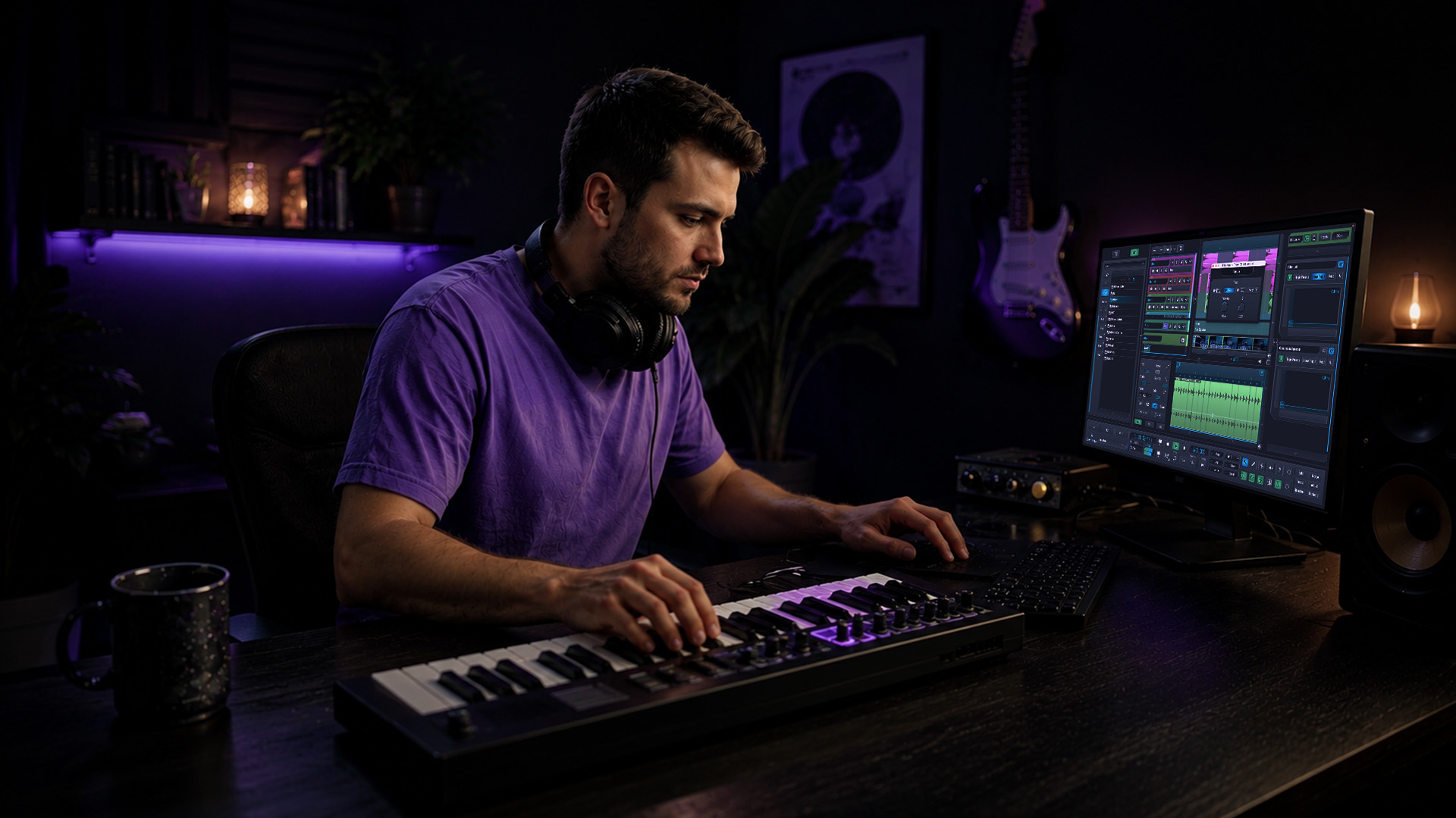 A music producer exchanging files in home studio