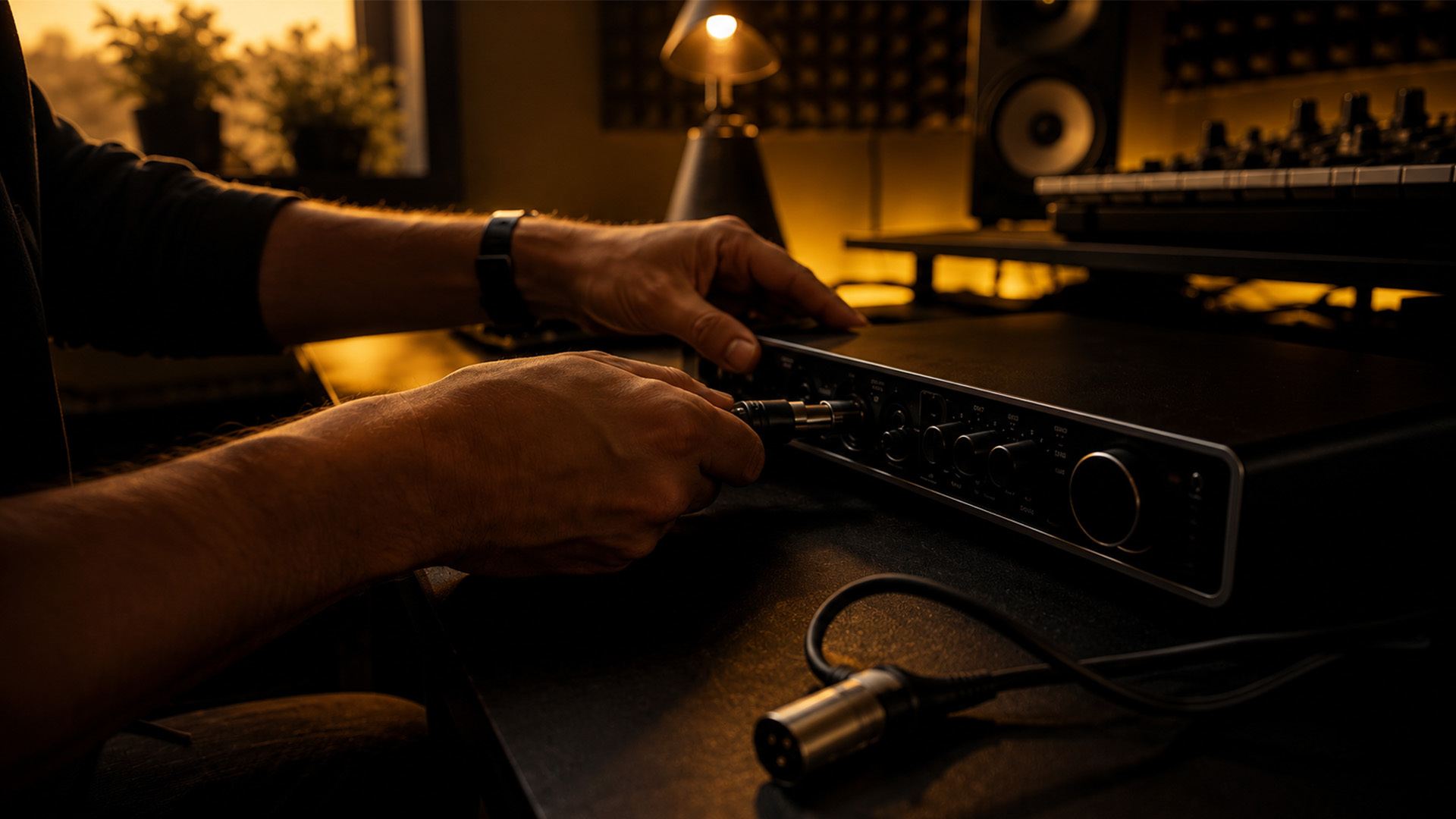 Hand plugging an Ethernet cable into an audio interface