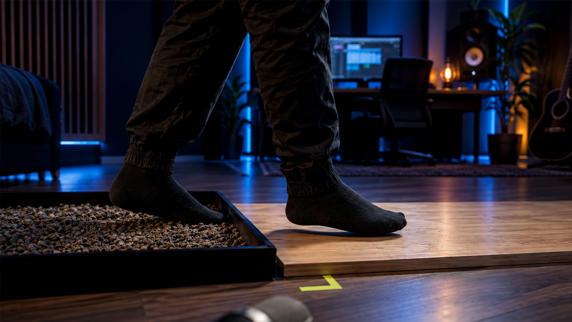 A foley artist recording footsteps on varied surfaces