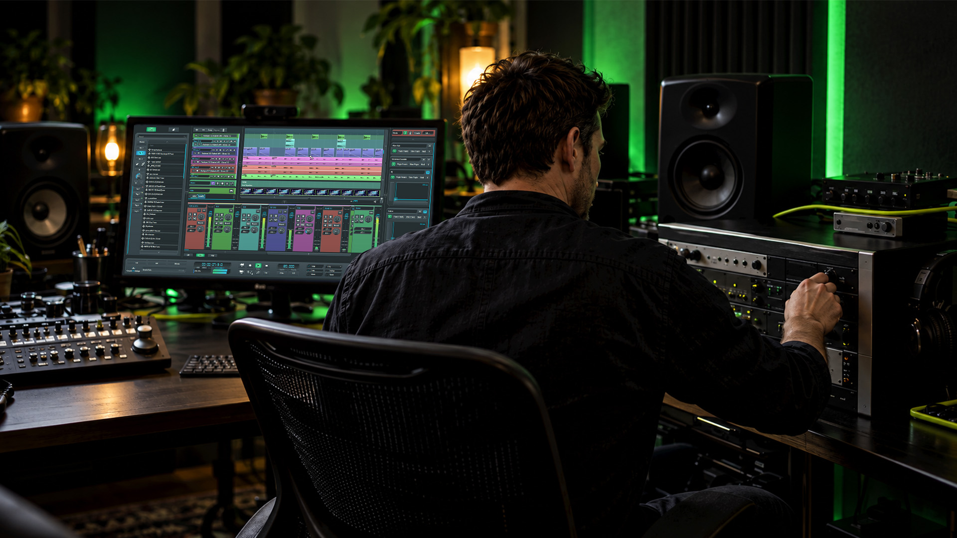 An editor checking the audio clock in a post-production suite