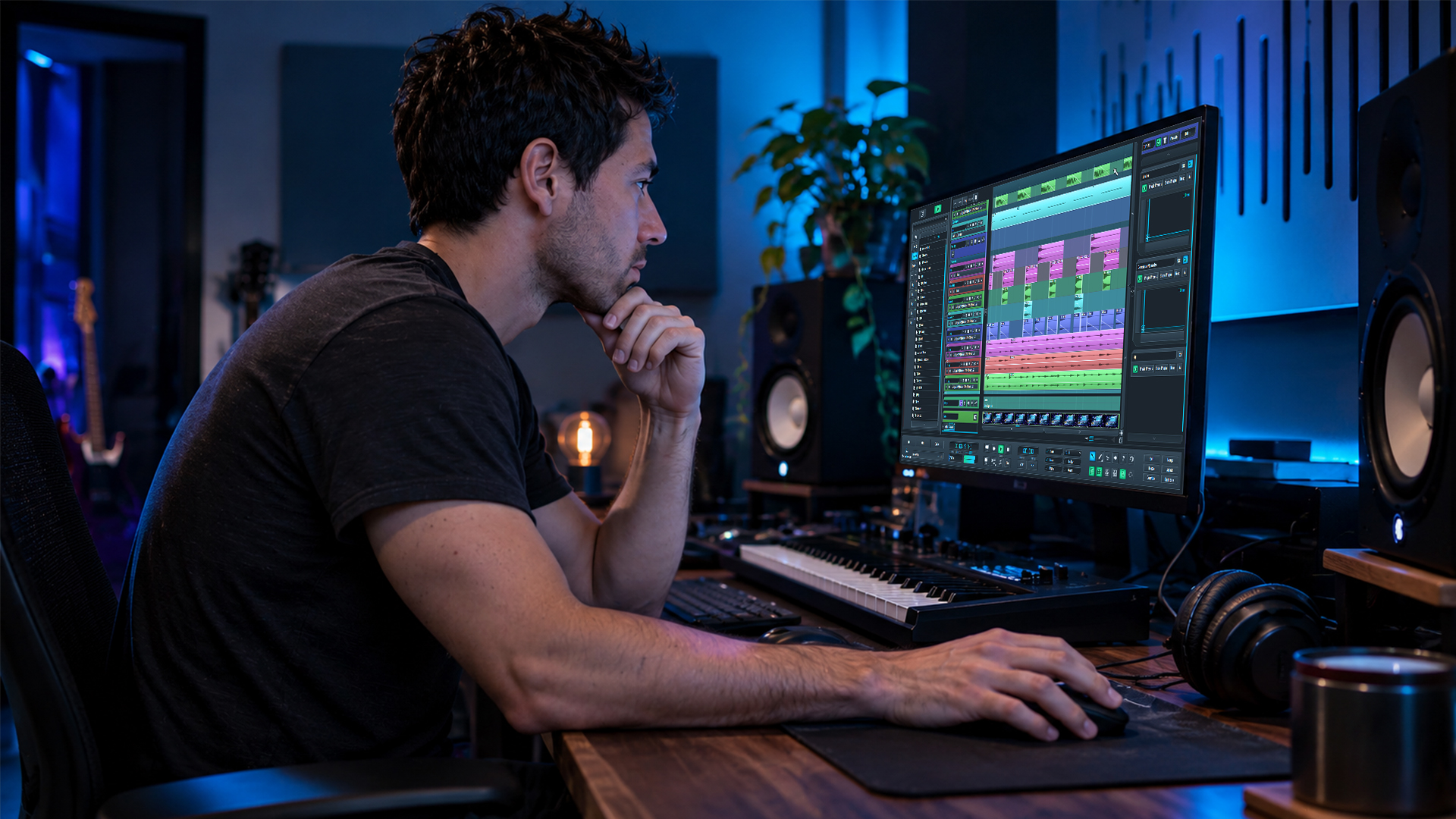 A producer comparing audio tracks in SoundBridge: DAW
