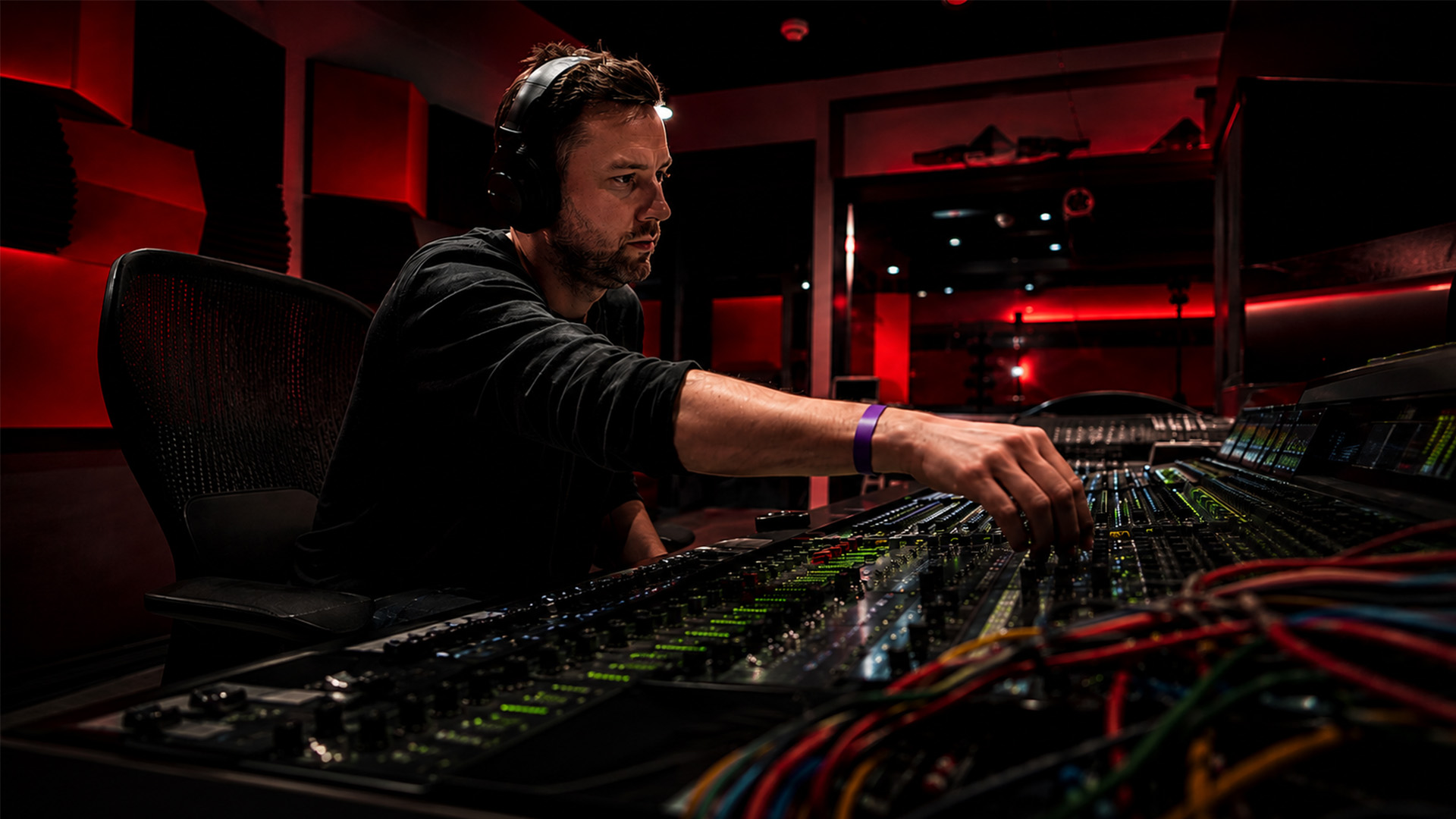 An audio engineer adjusting a mixing console in a studio