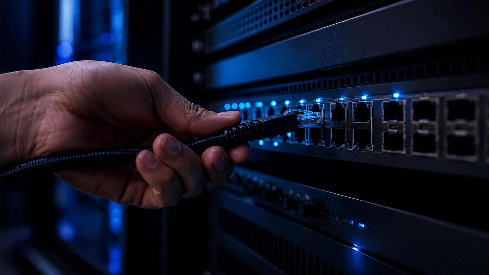 An ethernet cable being plugged into a studio network switch