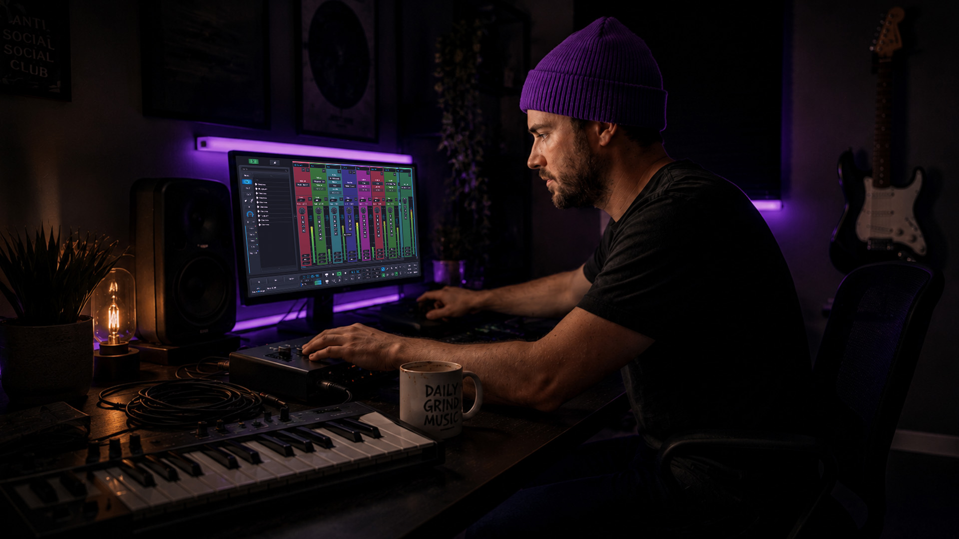 A producer adjusting an audio interface in a home studio