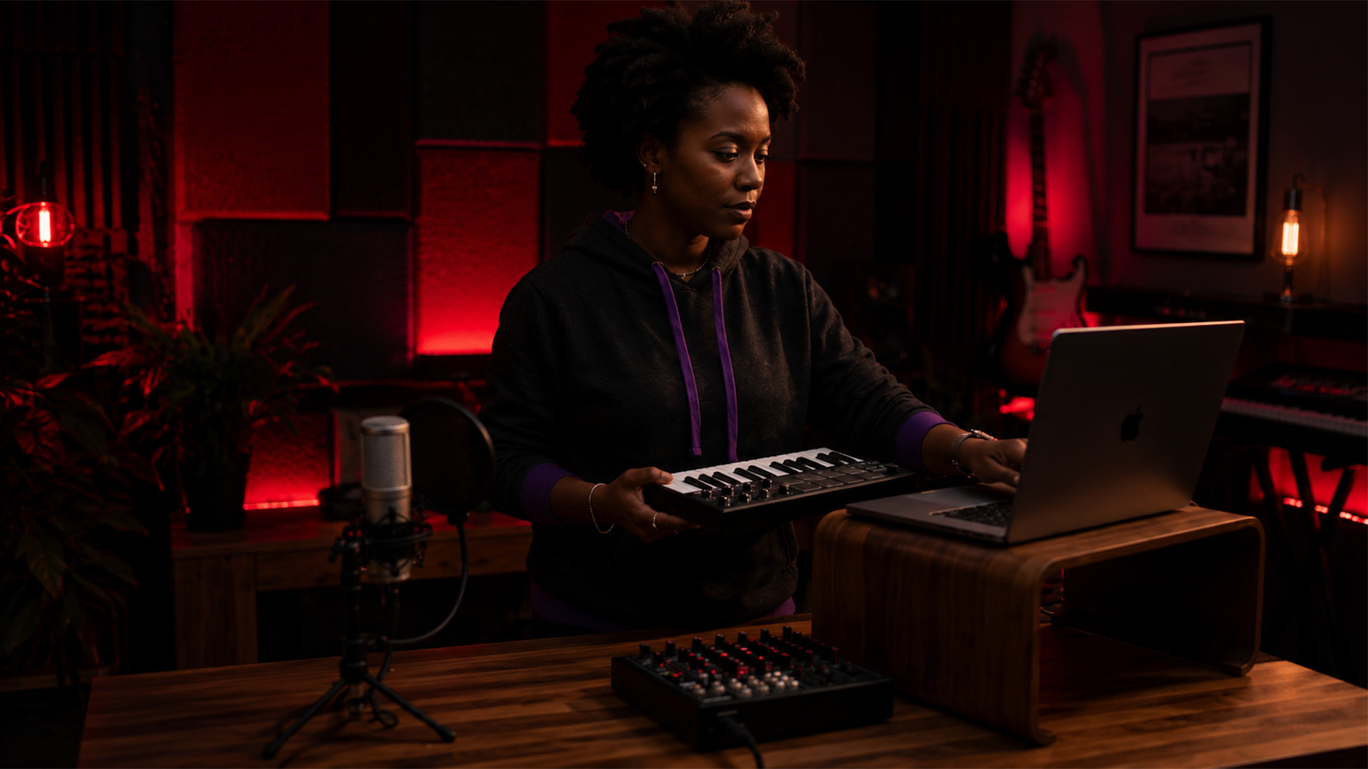 A music producer arranging a song in a home studio