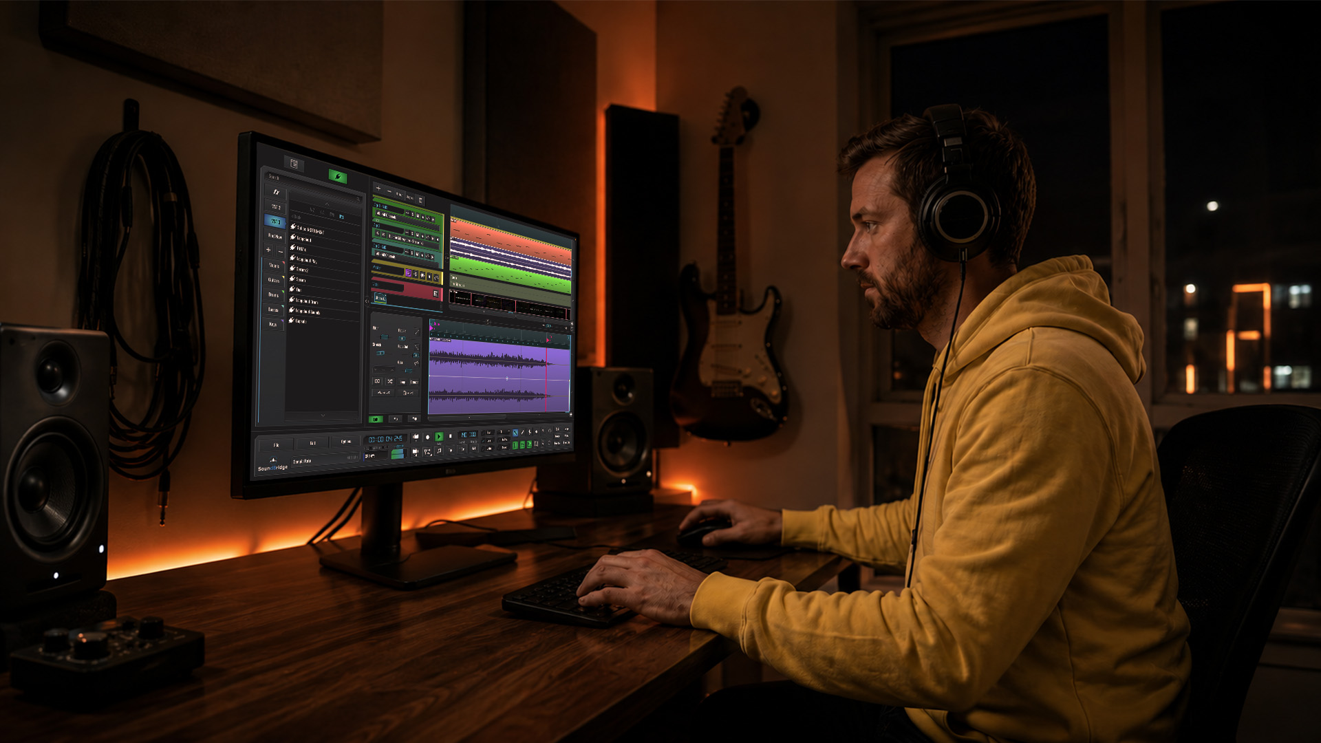A man editing audio tracks in a home studio workspace