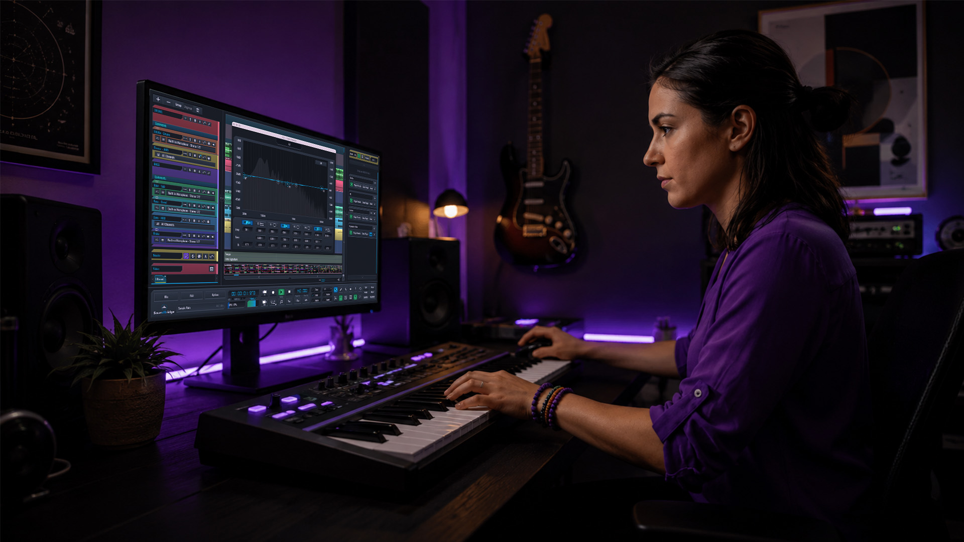A woman performing audio track editing
