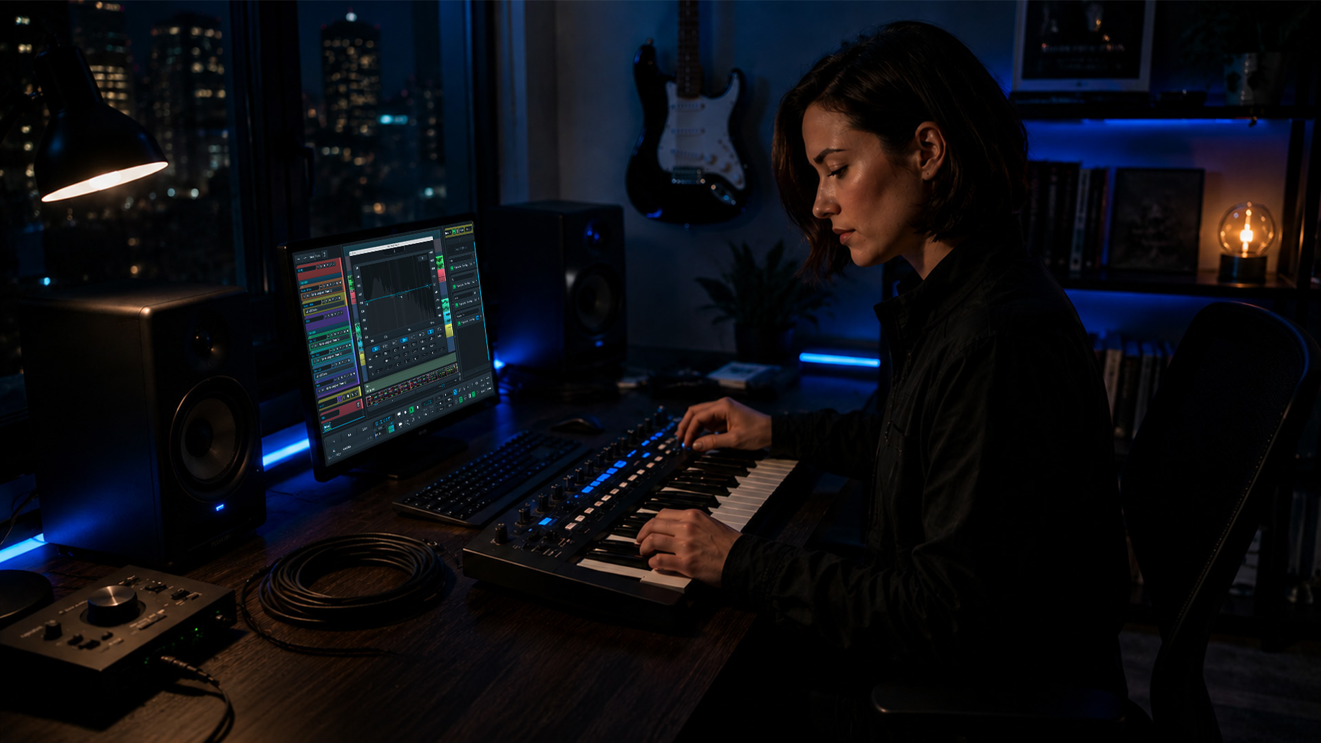 A woman mixing music at a home studio desk