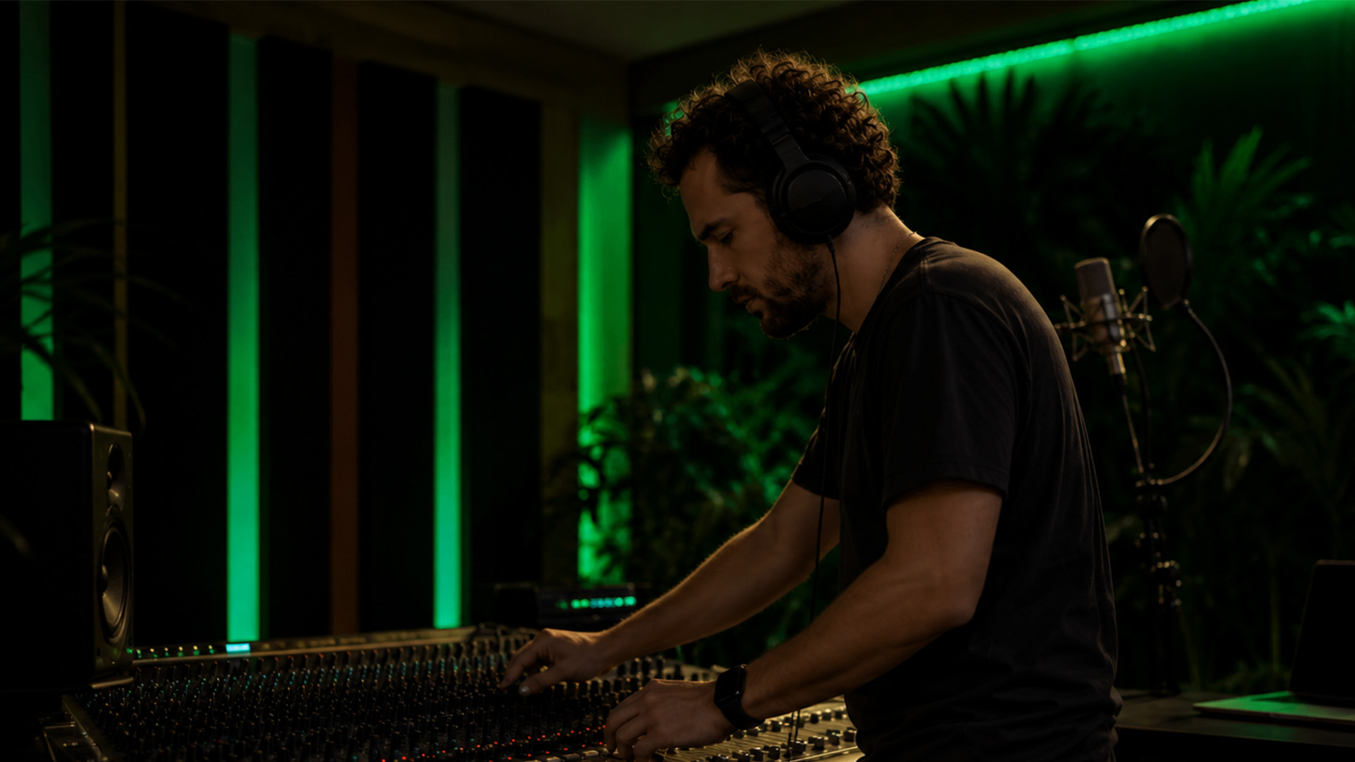 An audio engineer mixing vocals on a studio console