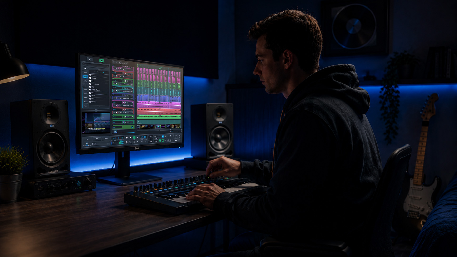 A producer working in a home music studio workspace