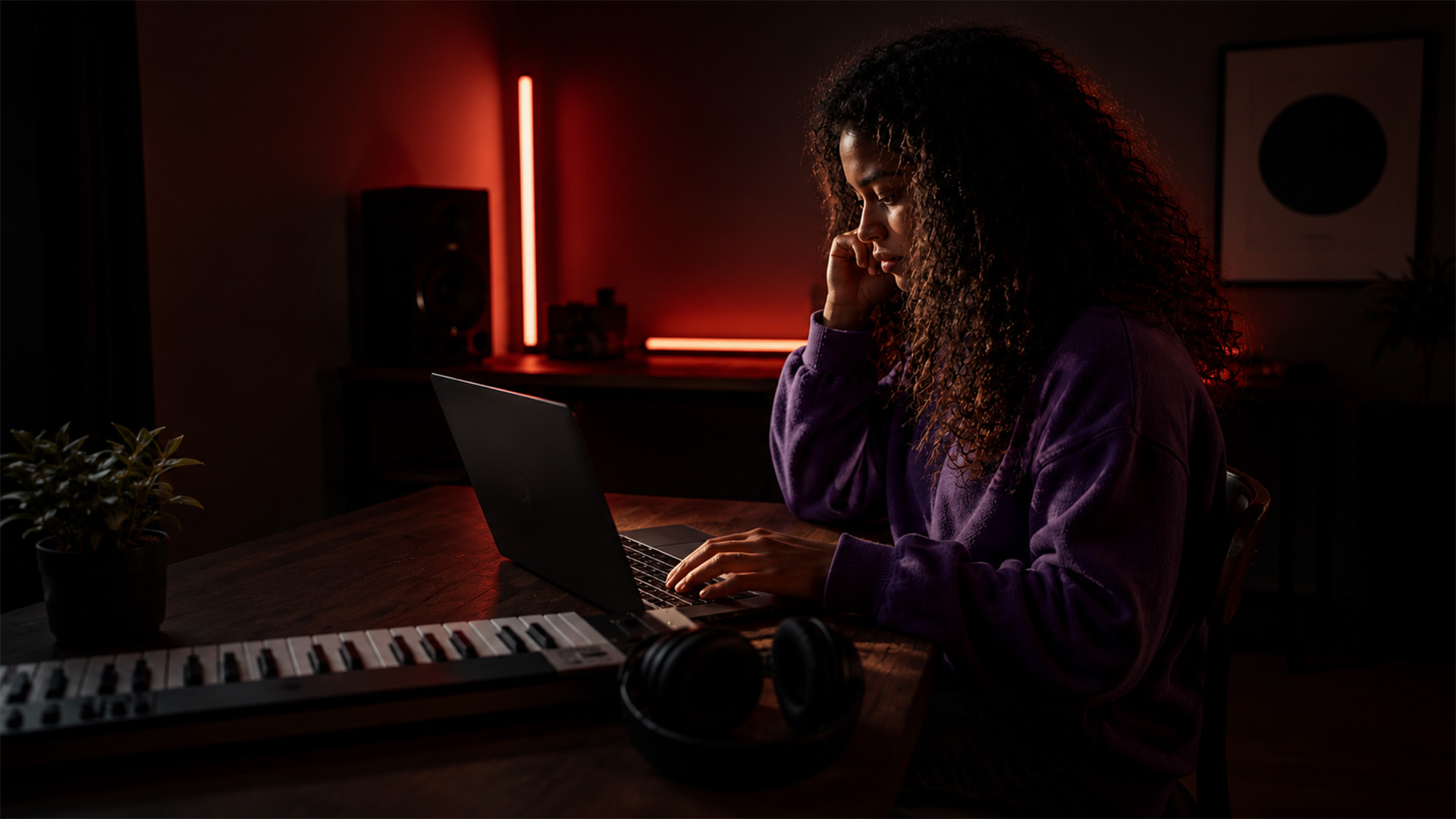 A woman working on a DAW at a home desk