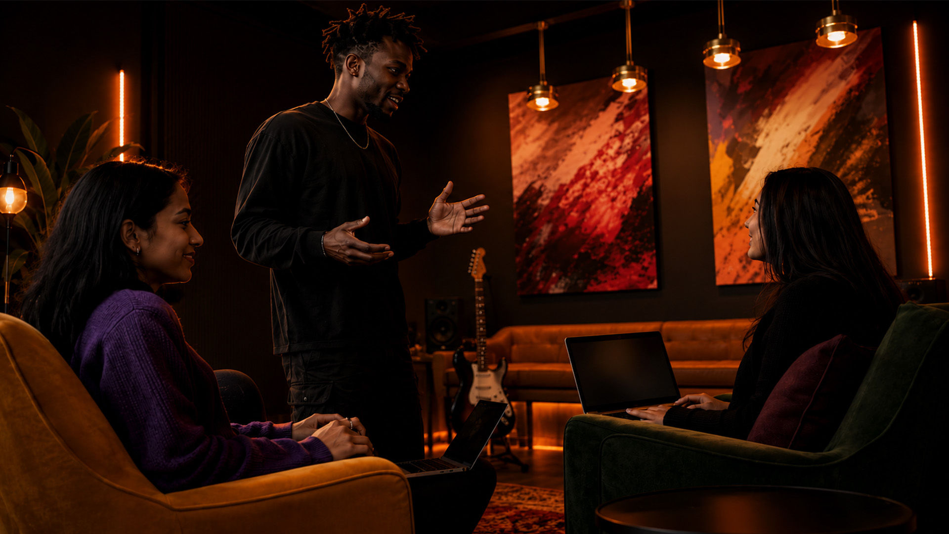 A group collaborating on remote immersive audio mixing