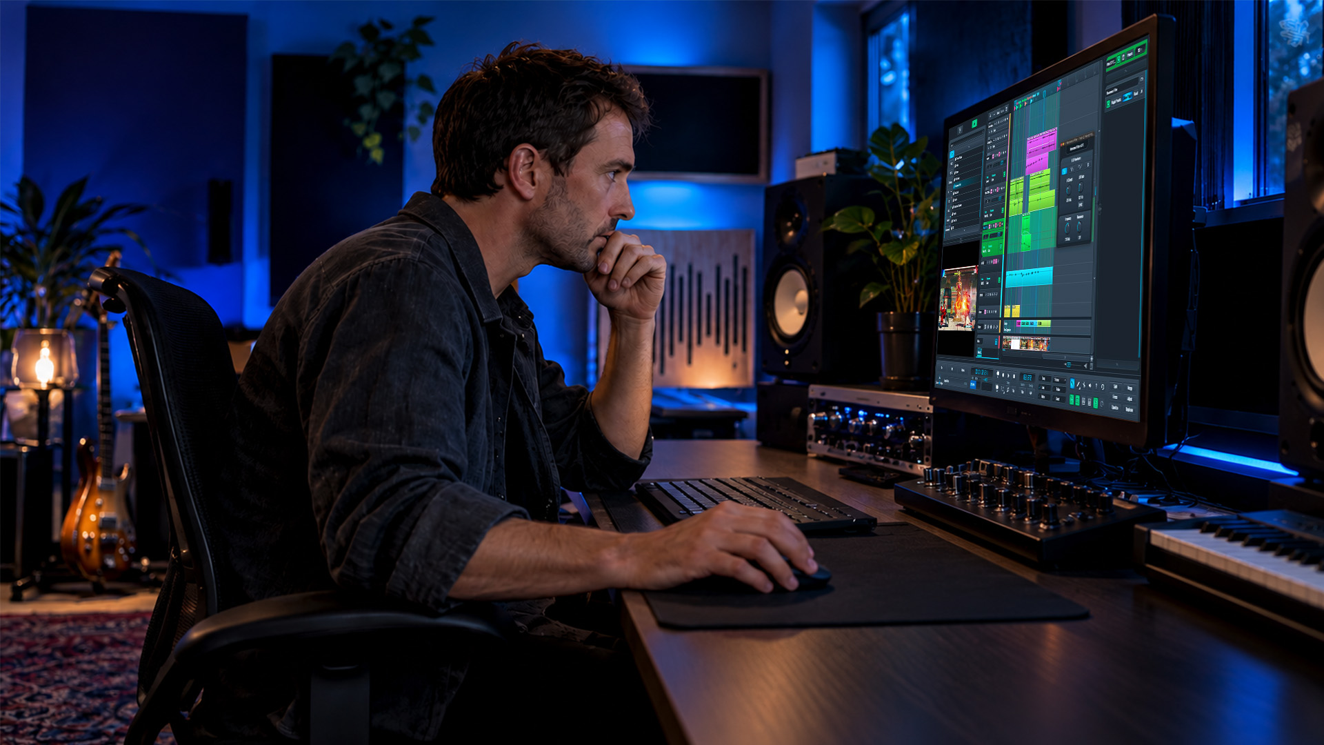 A composer checking picture against a scoring session