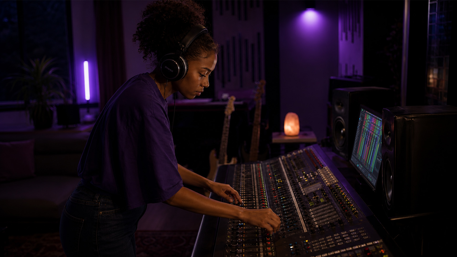 An audio engineer adjusting a mixing console