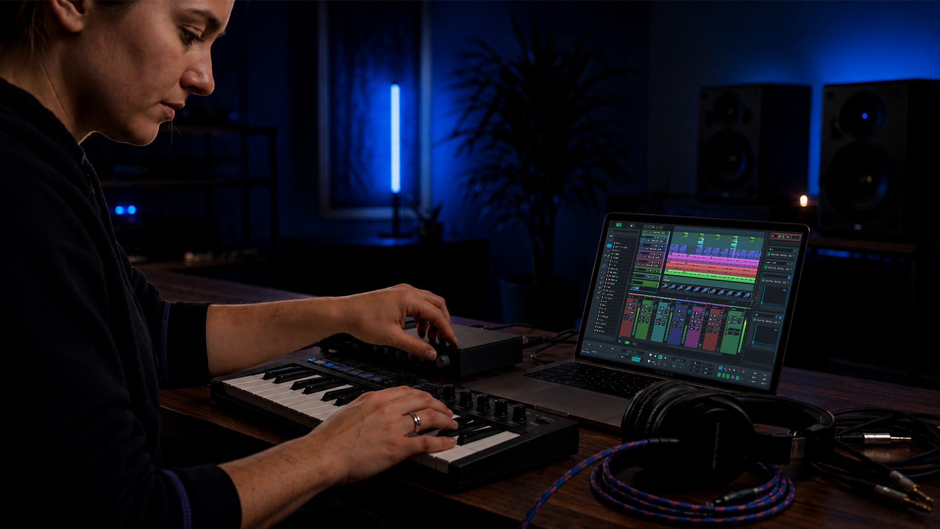 Hands adjusting frequency controls at a home studio