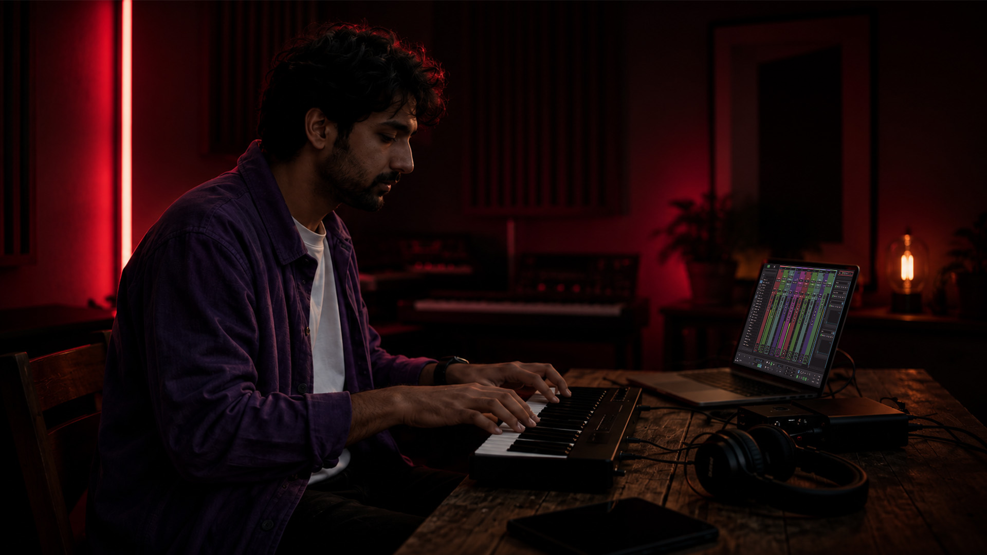 A man playing a MIDI keyboard at a home studio desk