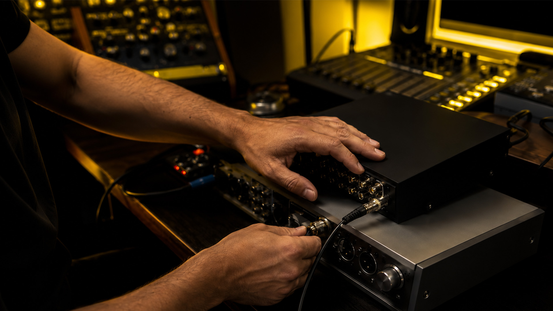 Hands syncing audio gear clock cables