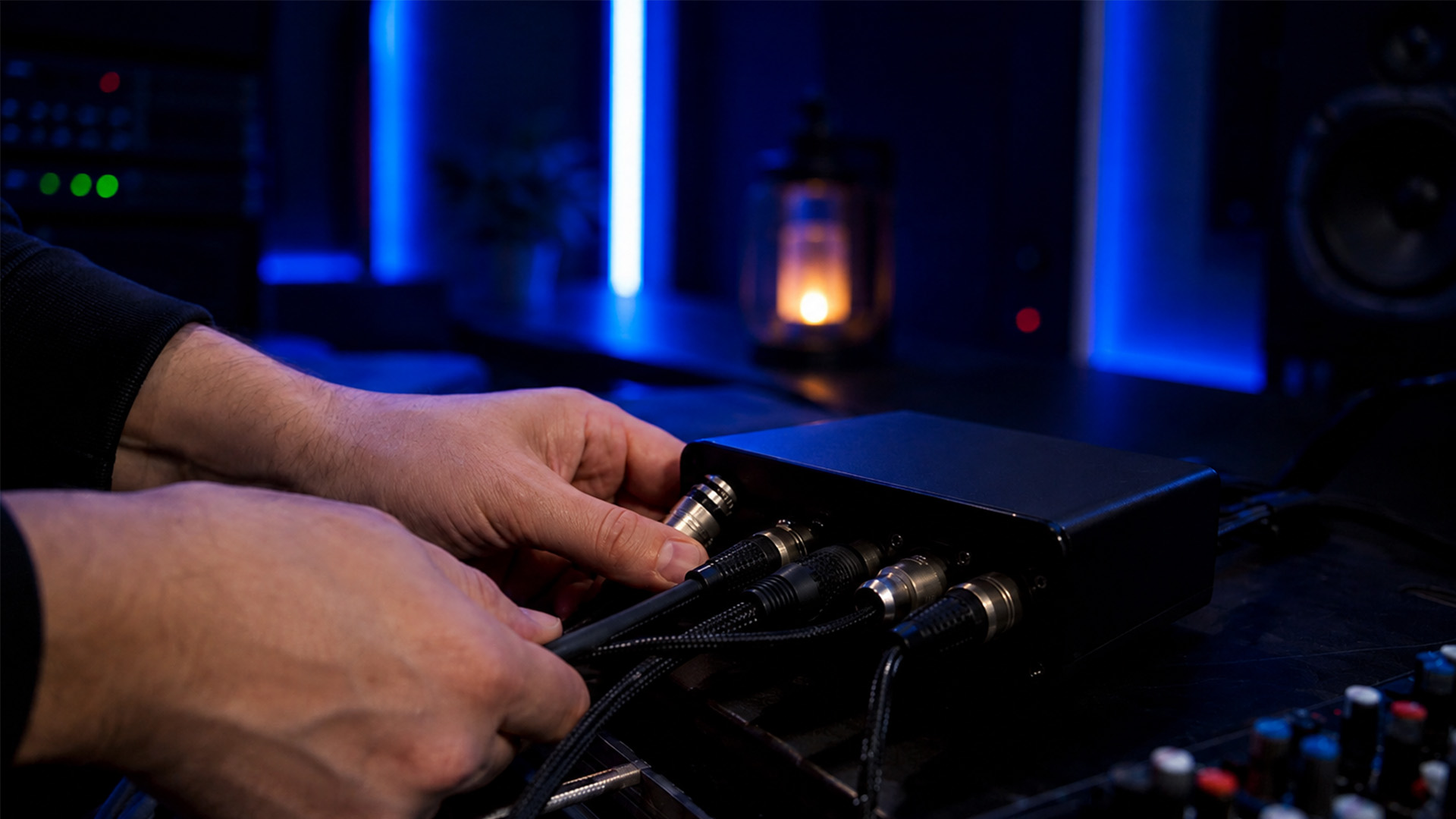 Hands plugging cables into an audio interface router