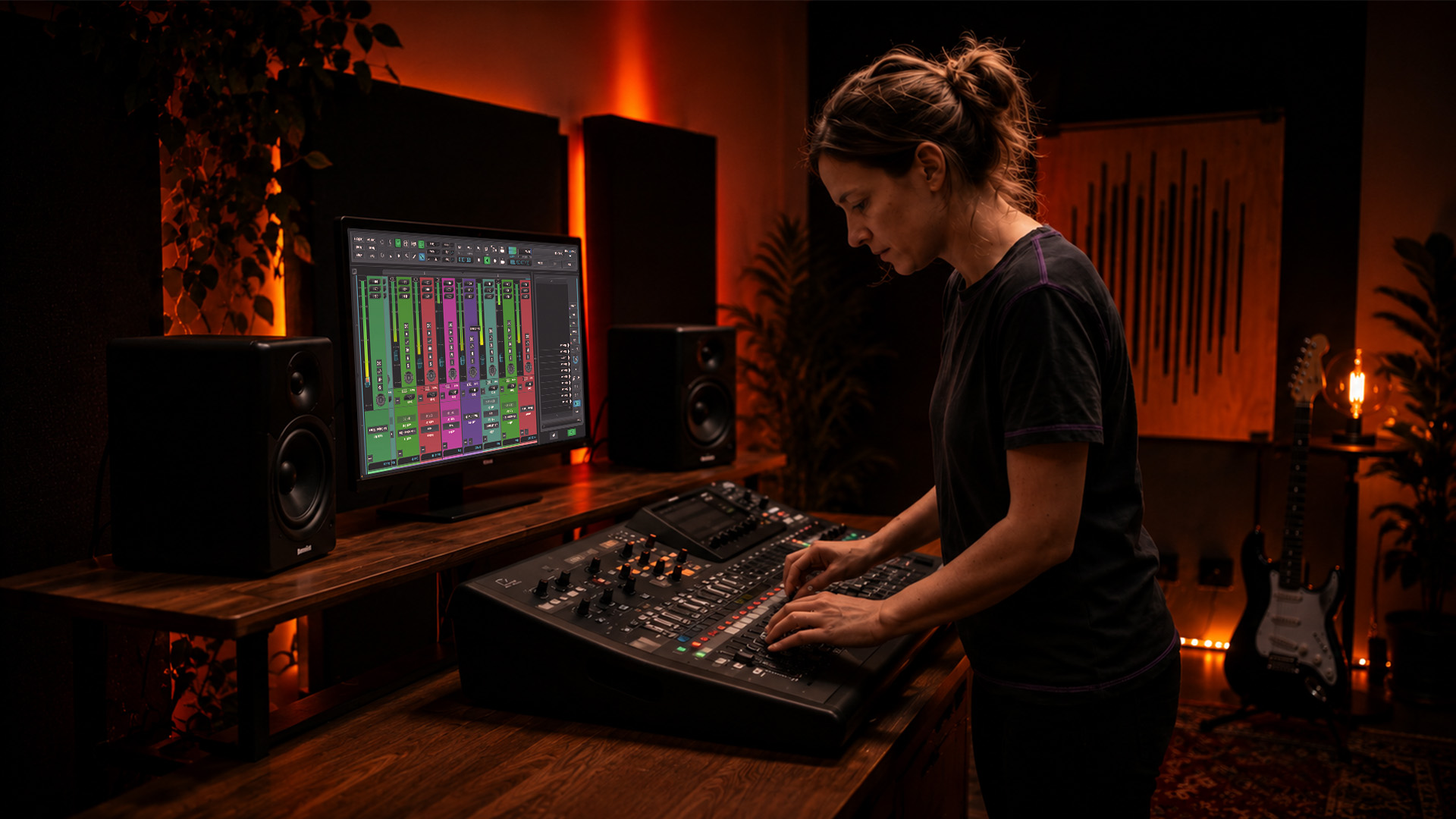 An audio engineer adjusting a mixing console in a studio