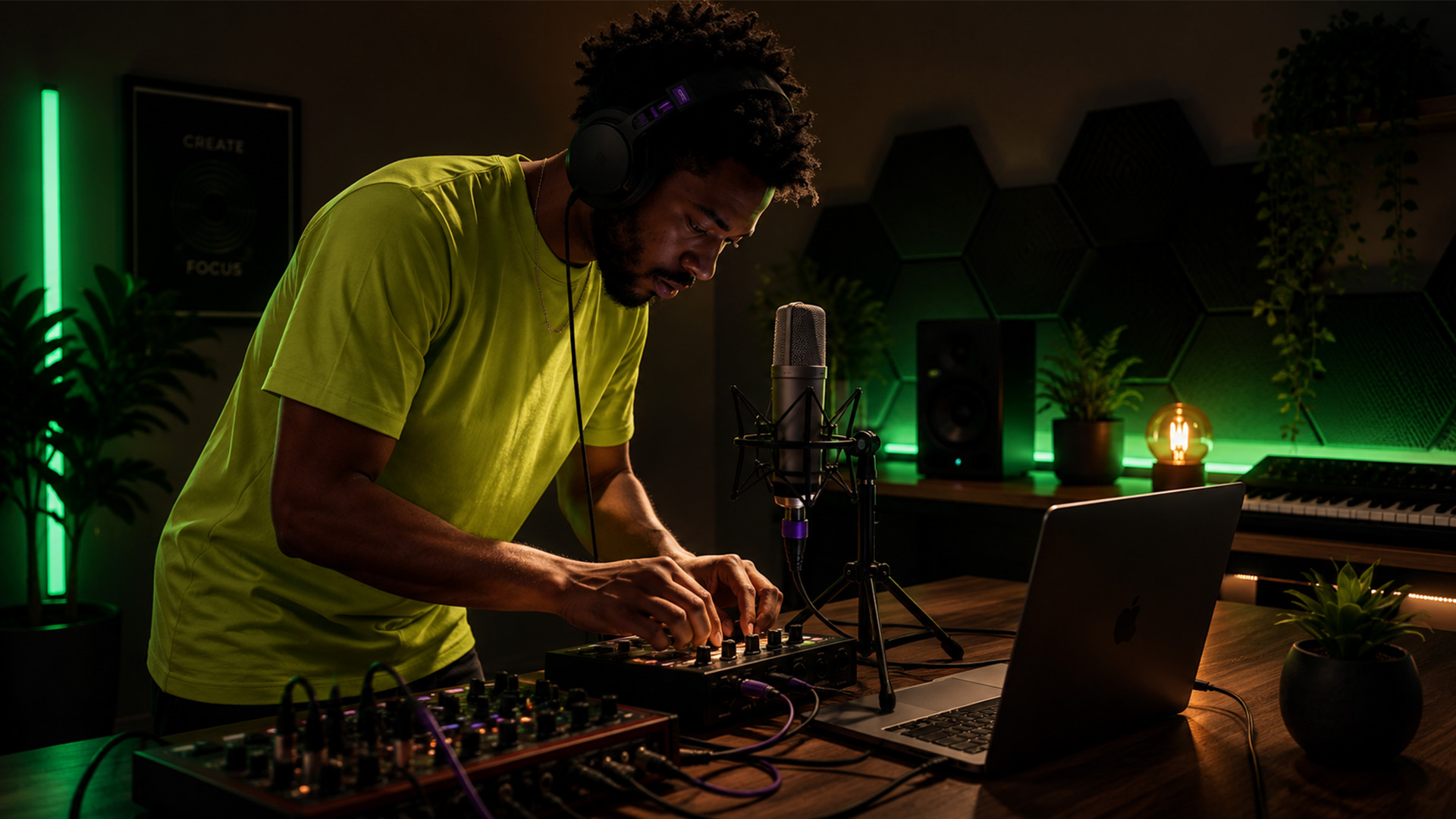 A producer adjusting an audio interface in a home studio