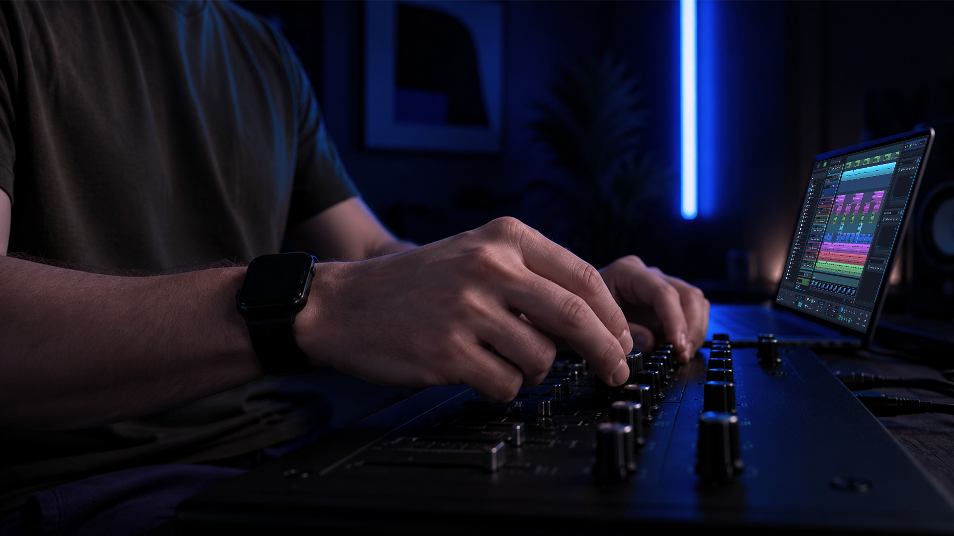 Close-up hands adjusting the audio buffer size knob